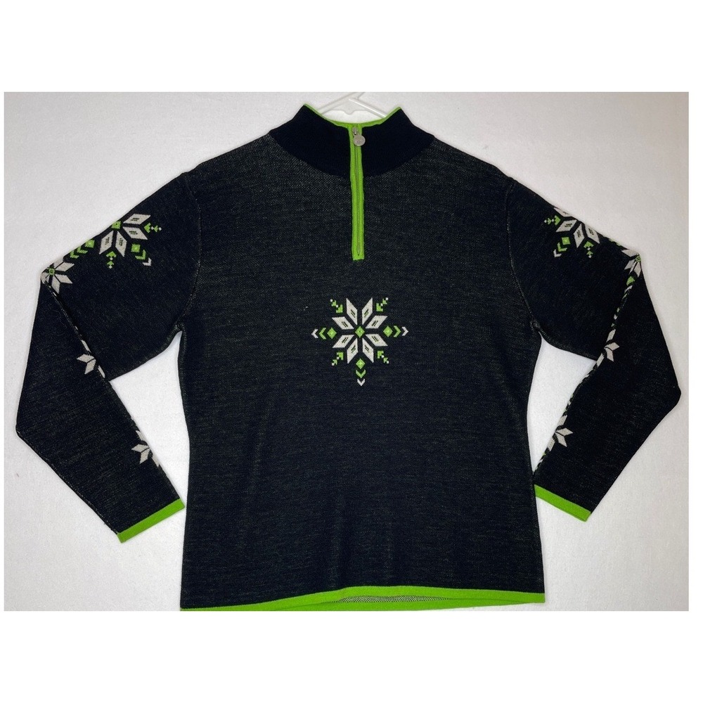 Neve Designs Womens Sweater Quarter Zip Snowflake Wool Large Gray Green